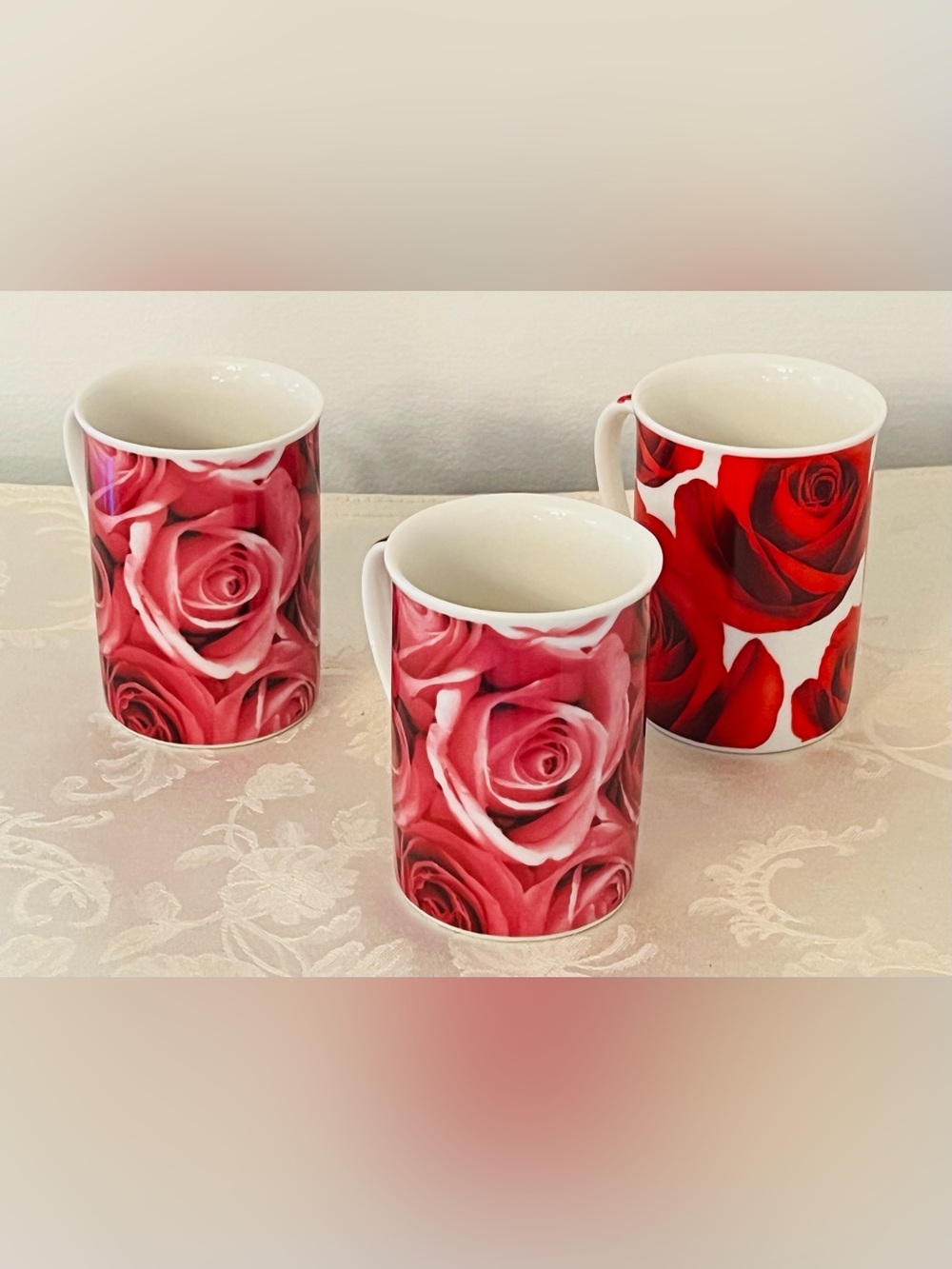 Rose Print Latte Mug Set Pink Floral Cottagecore Tea Coffee Cups NWOB - Picture 3 of 16